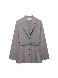 2024 Women's Fashion All-match Temperament Series Pure Wool Gray Suit Jacket with Belt