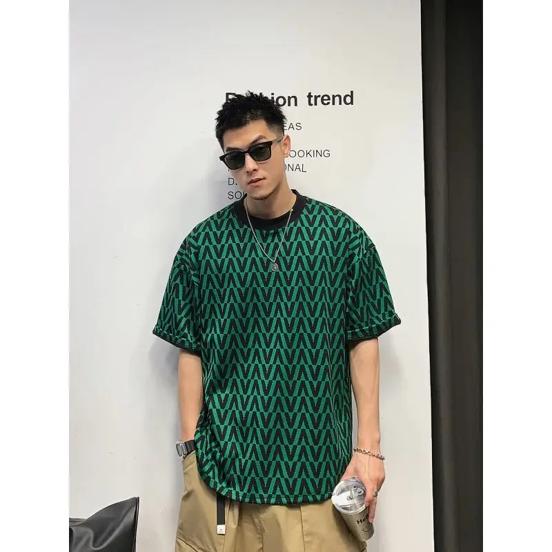 

GELITAYIN Lattice Men's Short Sleeve American Style Vintage Loose Fit Casual Five Half Sleeve HIP HOP Printed O-Neck High Street