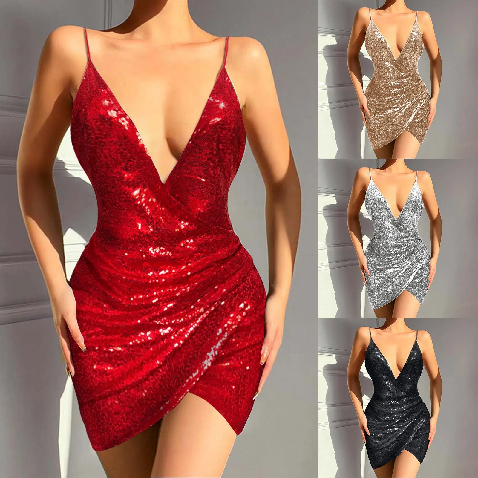 

Women's Sexy Solid Color Sequin Deep V Mini Dress Backless Formal Evening Dress 2024 Tight Fitting Short Dress Clothes For Women