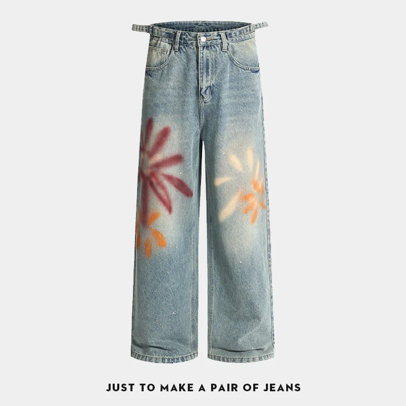 

Distressed denim twill denim jeans with fireworks print