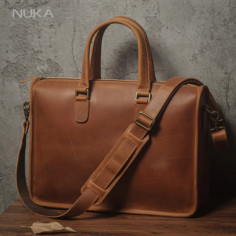 NUKA Męska teczka Executive Wysokiej jakości torba biznesowa z prawdziwej skóry Retro Oryginalna torba na ramię ze skóry bydlęcej na laptopa 15 cali