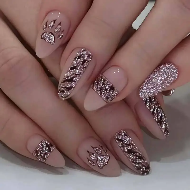 

24Pcs Mid-length Almond Full Cover Nails Tips with Shiny Powder Design Fake Nails Animal Footprint Reusable Press on False Nails