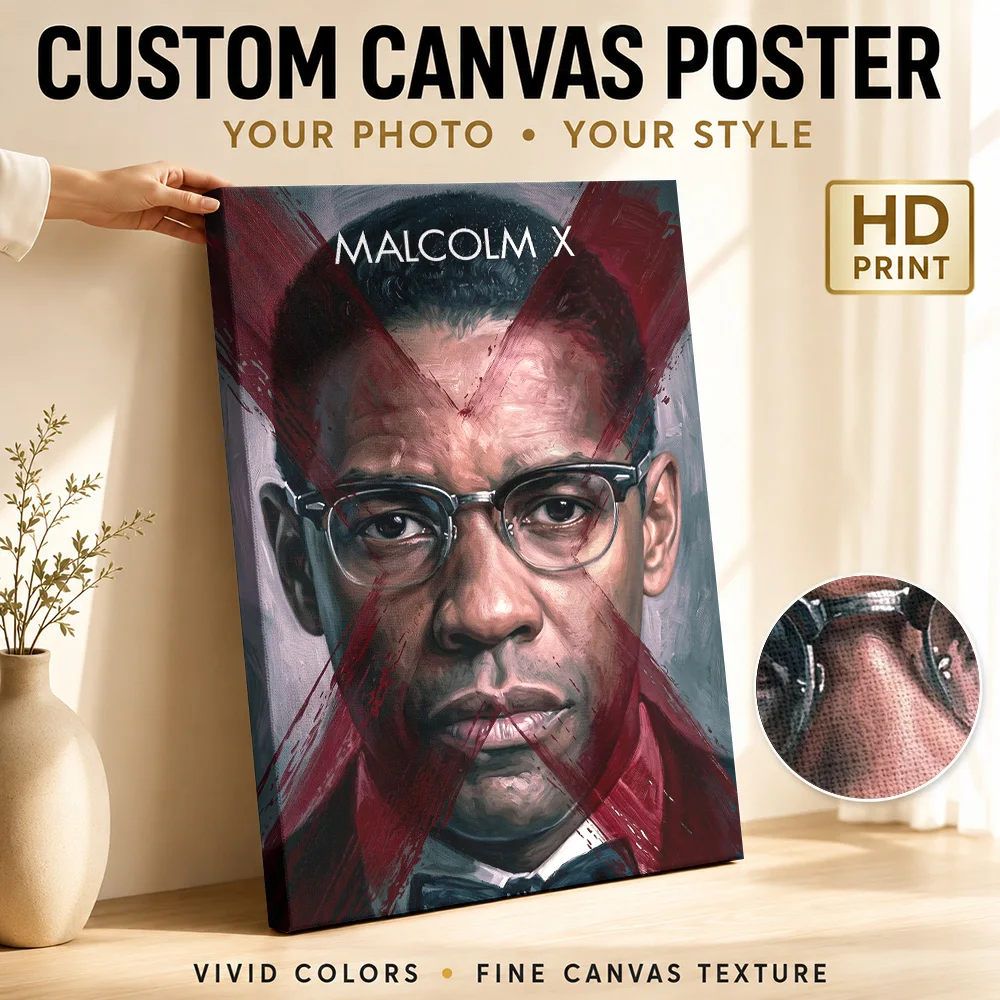 Malcolm X Denzel Washington Portrait Framed Canvas Print Poster Custom Photo Modern Aesthetic Canvas Wall Art for Office Decor