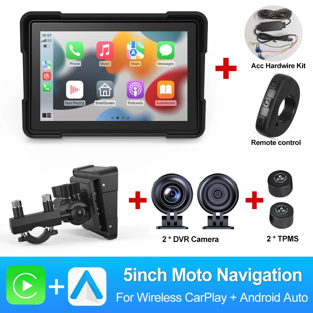 BEPOCAM 5-inch motorfiets GPS-navigatie Draadloos Carplay Android Auto Dual DVR Drive Recorder Moto Monitor WIFI IPX7 Waterdicht