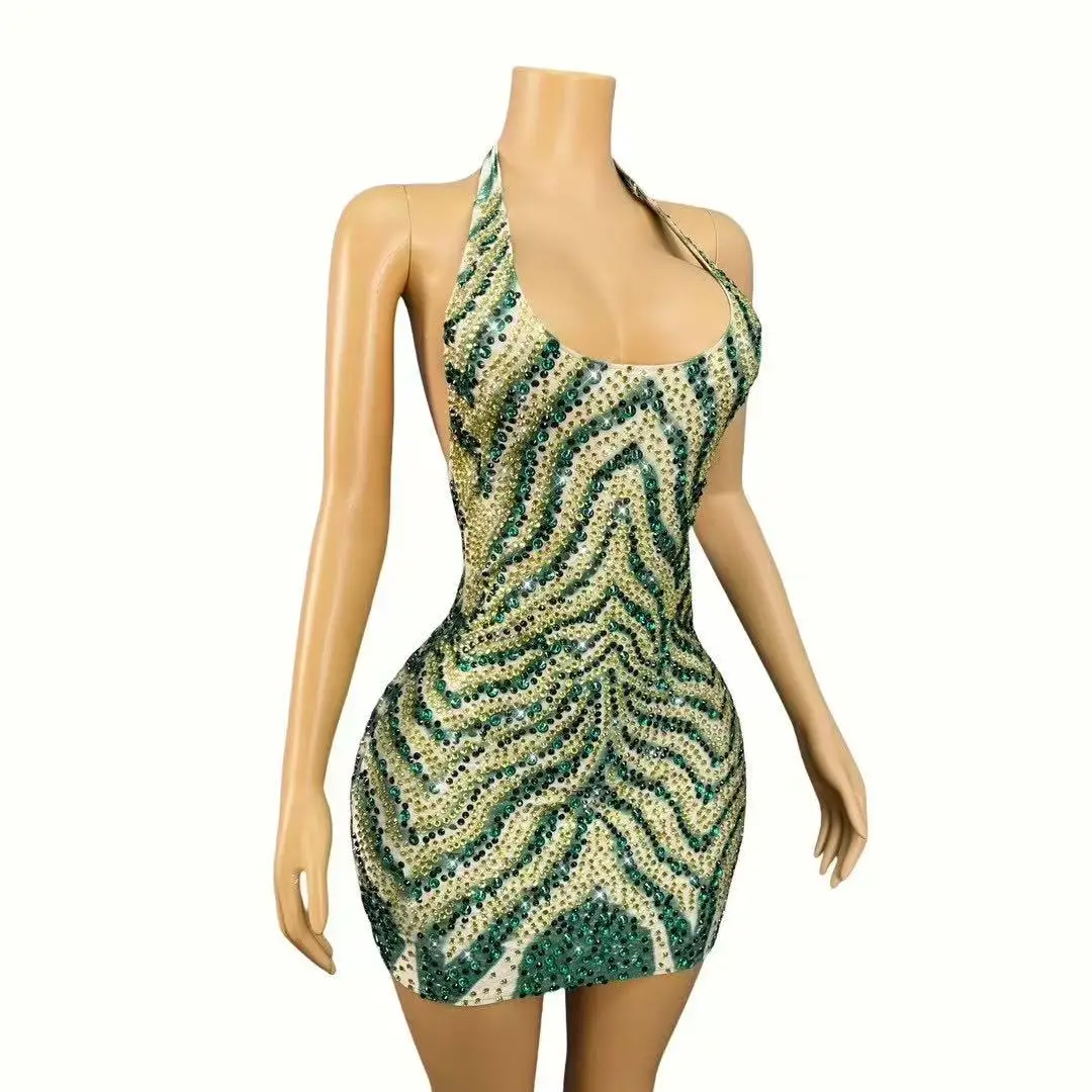 Seksowna świecąca bandażowa sukienka z kryształkami bez pleców dla kobiet Urodziny Świętuj wieczorowy strój Codzienna podróż Kostium sceniczny