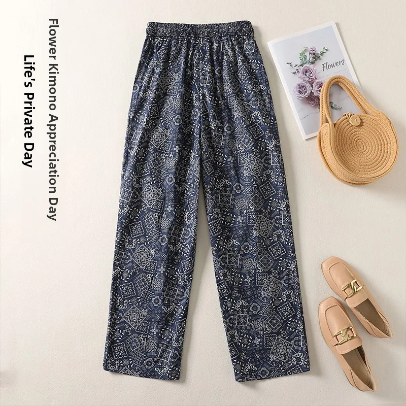 Sommer Neue Floral Baumwolle Druck Lose Abnehmen Casual Vielseitig Blau Paisley Elastische Taille Hosen Hohe Taille Lange Hosen Polyest...