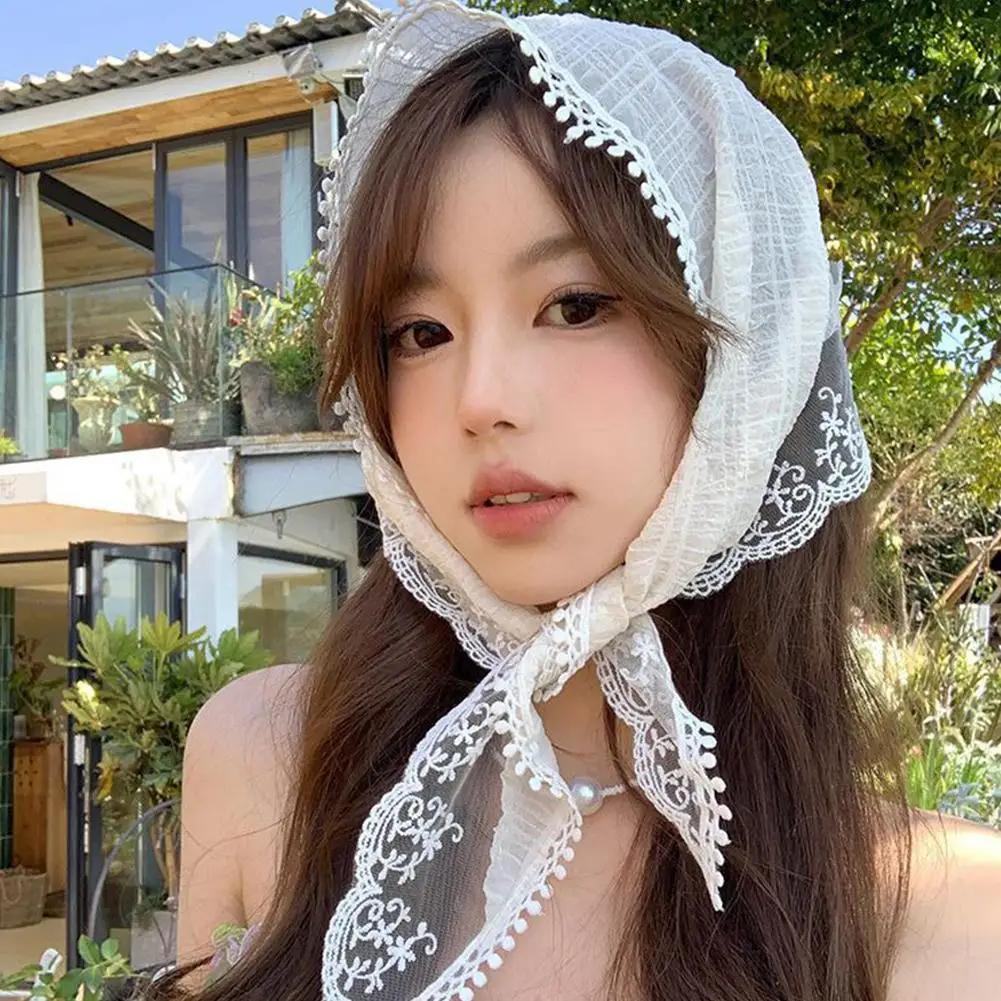 Korean ins Lace Hair Scarf Women Retro Triangle Hair Band Strap Hair Bag Headscarf Hat Travel Photo Headband Turban Accessorie