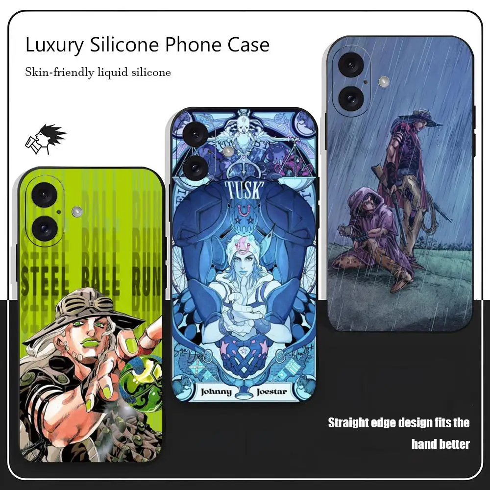Funda de Teléfono con Diseño de JOJO Steel Ball Run para iPhone 17 16 15 14 13 12 X XR XS 8 Plus Mini Pro Max, Negra, Suave y Resistente a Impactos