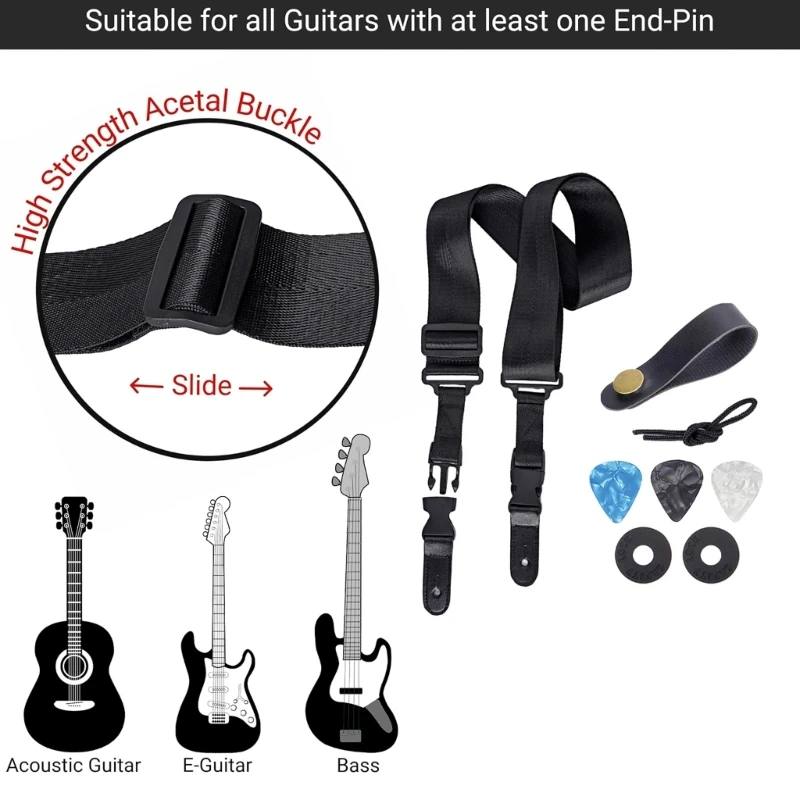 Soft Nylon Strap for Acoustic/Electric Bass and Guitar, Length Adjustable Antislip Guitar Strap with Quick Release Clips