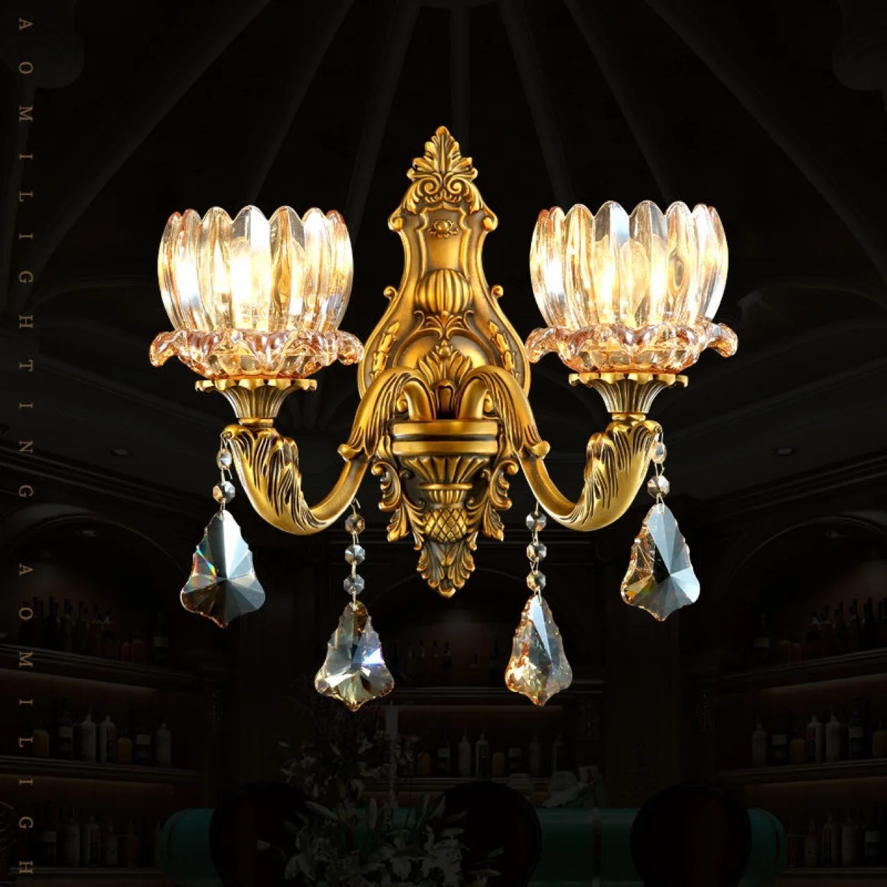 European style light luxury full copper wall lamp vintage living room crystal wall lamp bedside lamp