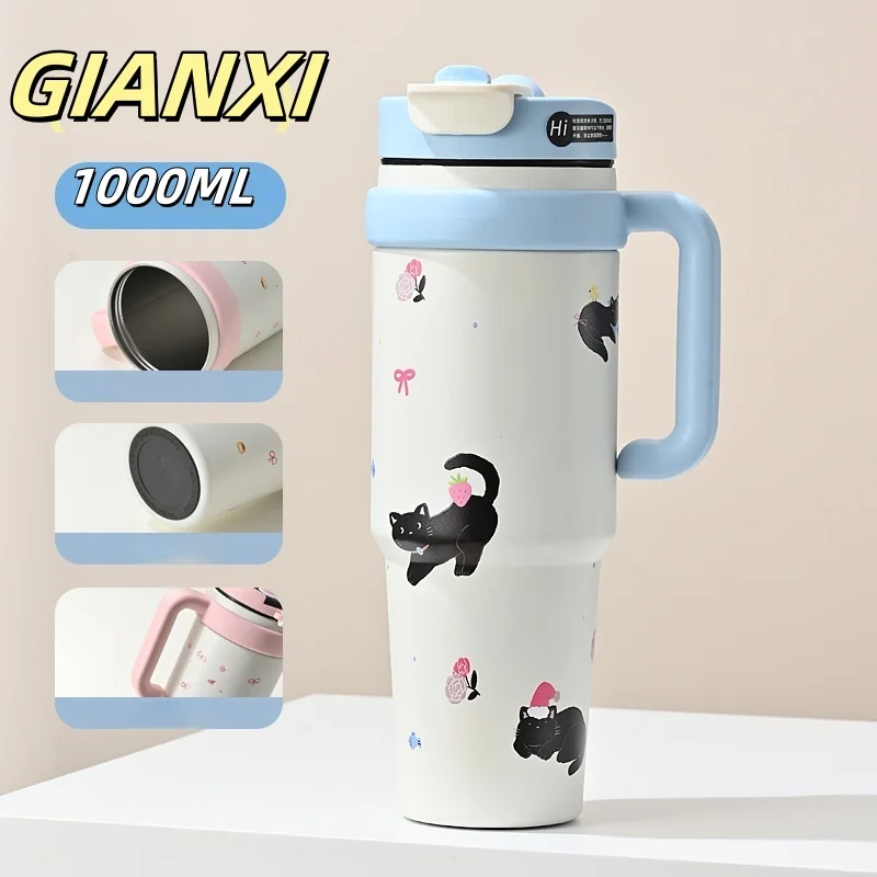 GIANXI Stainless Steel Water Bottle Cute Cartoon Cold Insulation Tumbler Portable Handle Thermo Bottle Portable Coffee Cup