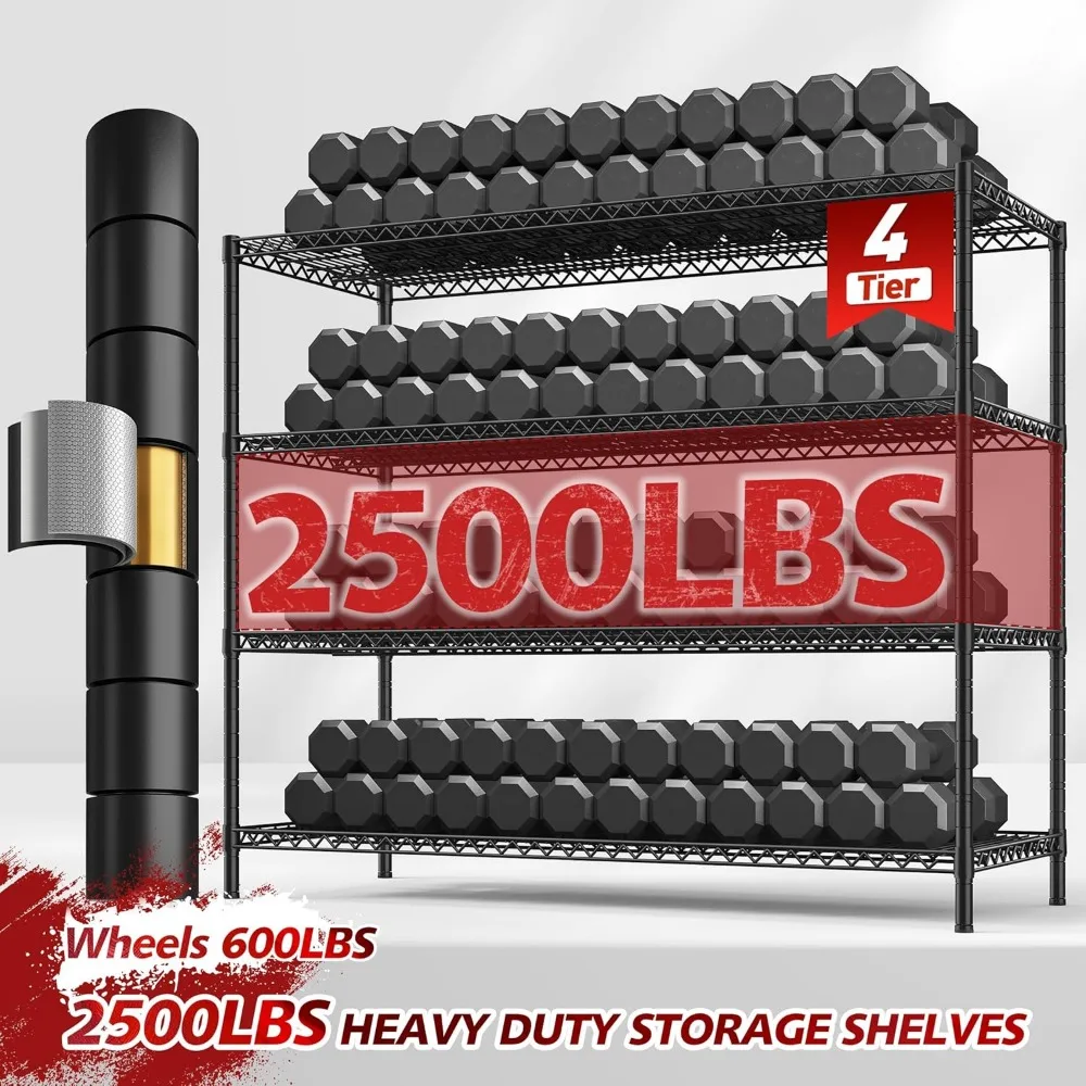 Unidade de prateleira de fio de metal resistente com rodas, capacidade de 75,6H x 2500lbs, rack de armazenamento de garagem para itens pesados