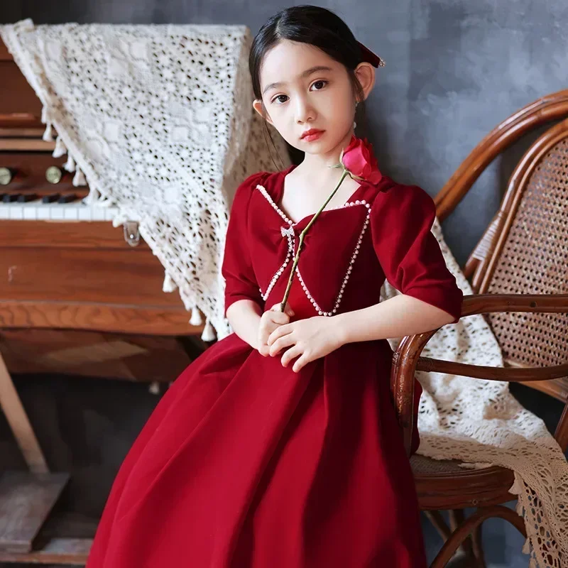 Girl's Dress 2024 Spring New Velvet Children's Birthday Flower Girl Wedding Little Girl Piano Performance Dress