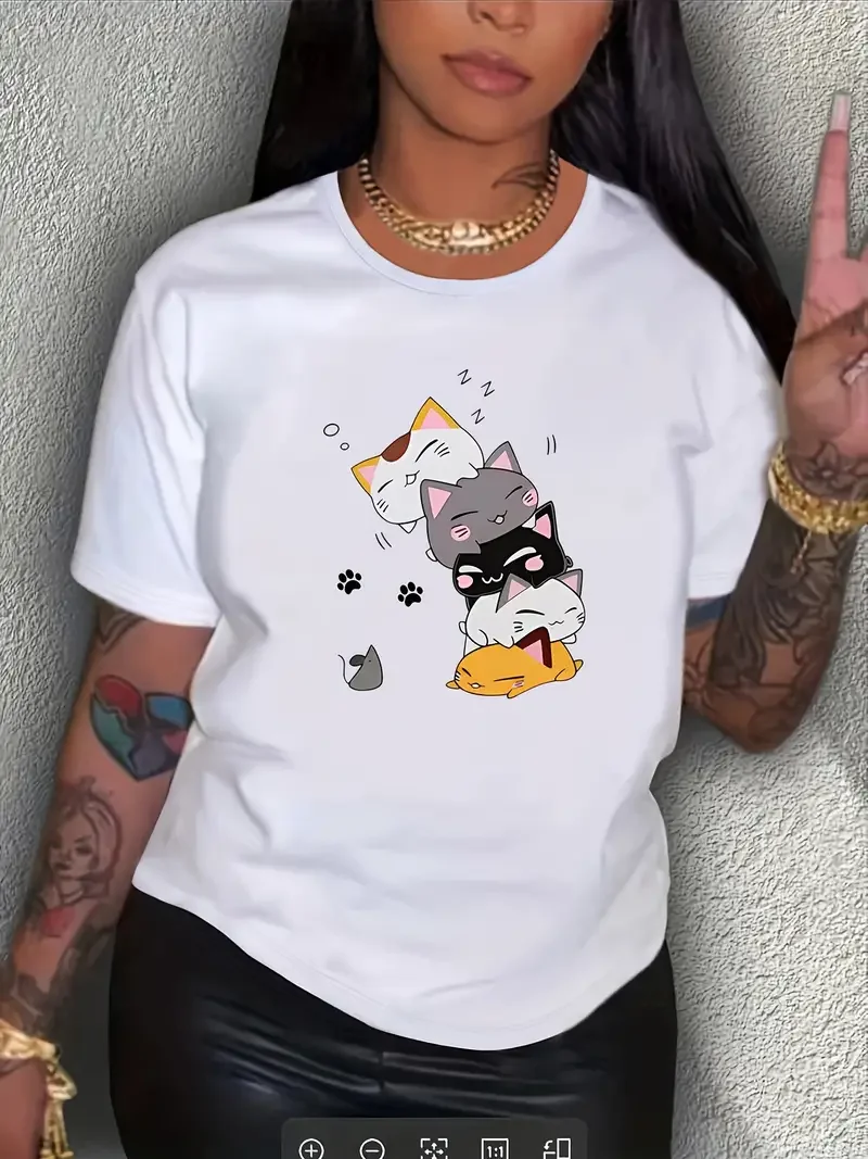 

Веселая и Милая женская футболка с кошками, летняя модная футболка с коротким рукавом, топы, Повседневная футболка с принтом и круглым вырезом, женская одежда
