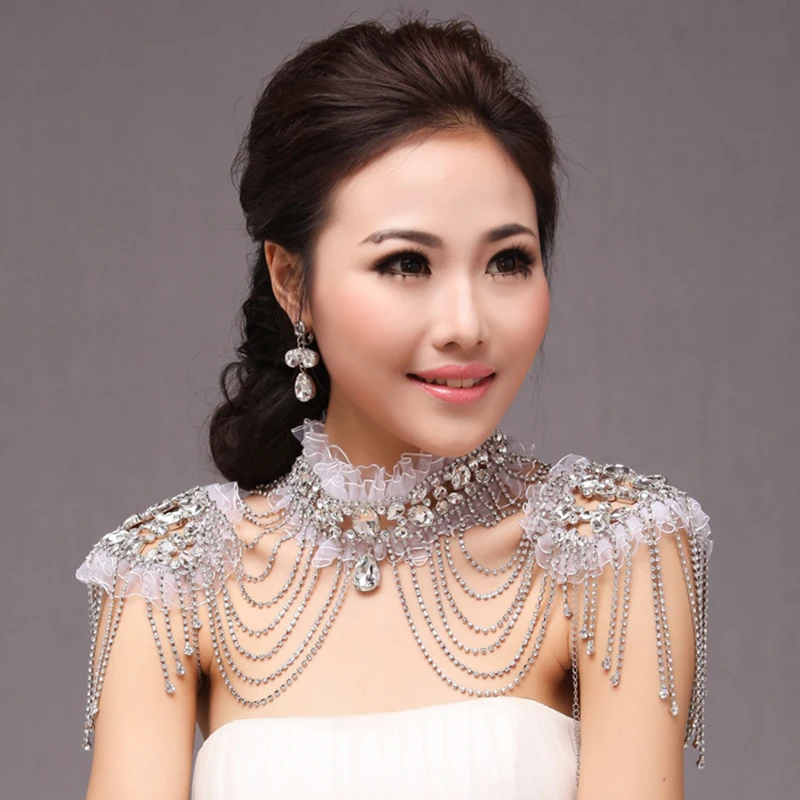 HIMSTORY Fashion Shinny Shoulder Necklace Rhinestone Crystal Lace Bridal Jewelry Pageant Prom Wedding Body Chain