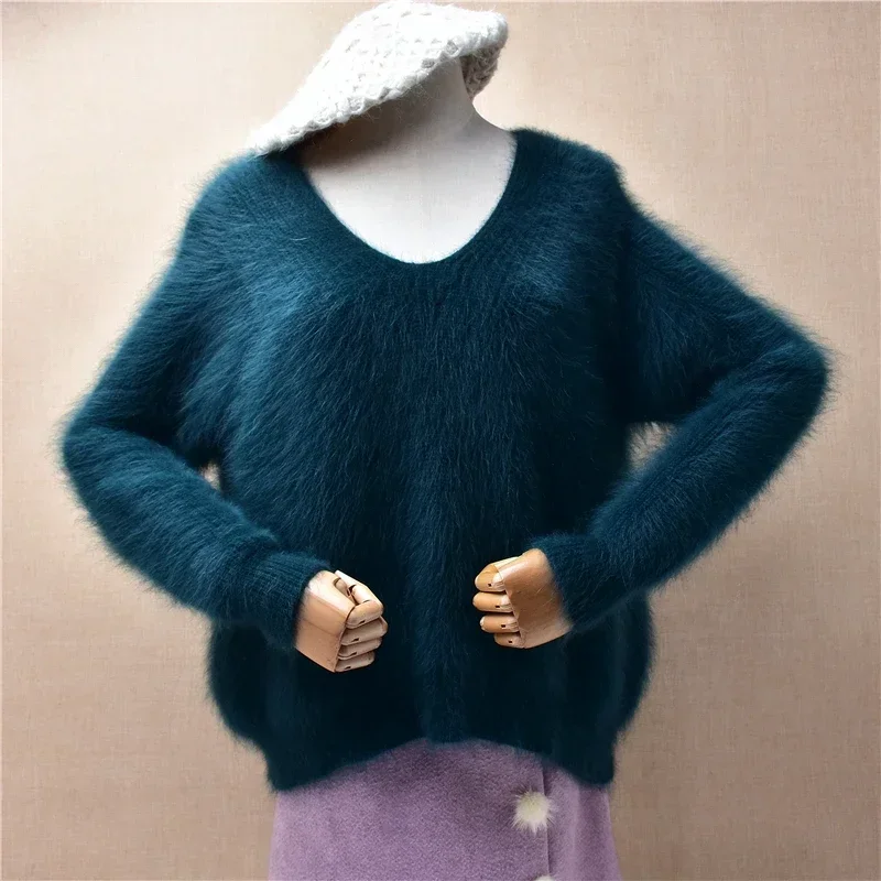 

Women Mujer Autumn Winter Thick Warm Hairy Angora Rabbit Hair Knitted V-Neck Long Sleeves Loose Pullover Sweater Mink Fur Jumper