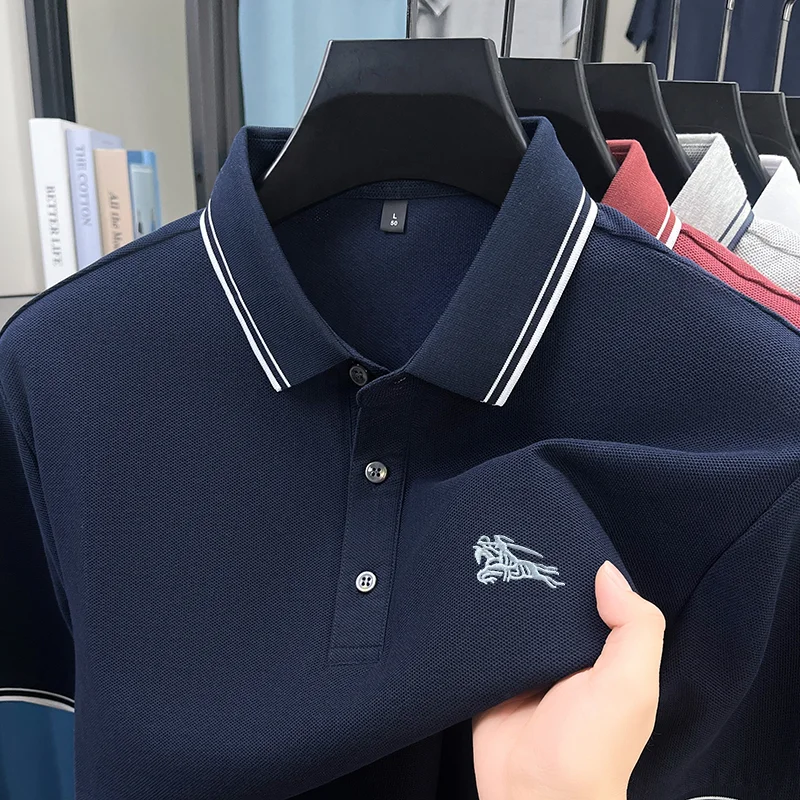 

Embroidery Men Polo Shirt Summer, Minimalist Line Design Neckline, Short Sleeve Button Collar Shirt For Men Street Style