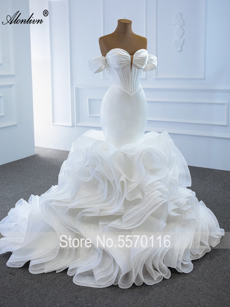 Alonlivn Real Photo Sweetheart Mermaid Weddind Dress With Tiered Ruffled Train Off Shoulder Sleeves Trumpet Bridal Gowns