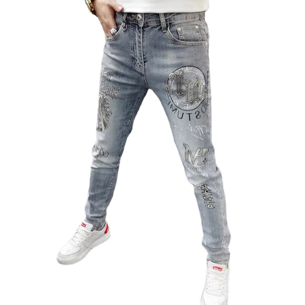 Streetwear Mens Jeans Hip-hop Rhinestone Designer High Quality Mens Wathet Denim Trousers Fashion Trend Slim Casual Male Pants