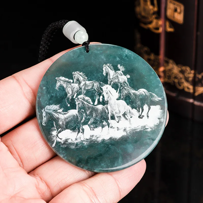 Natural A-grade Jade Blue Water Shadow Carving Of Eight Steeds Ice Seed Jadeite Pendant Zodiac Horse gioielli da donna da uomo