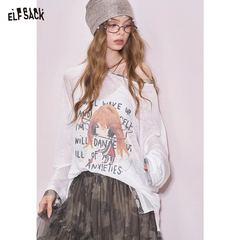 

ELFSACK 2025 Summer New Arrival Casual Cool White Printed Long-Sleeved Graphic T-shirt For Woman