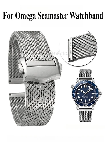 Imagen 1 del producto Para Omega Seamaster 20mm pulsera de malla negra plateada interfaz plana correa de reloj de acero inoxidable diseño ligero transpirable
