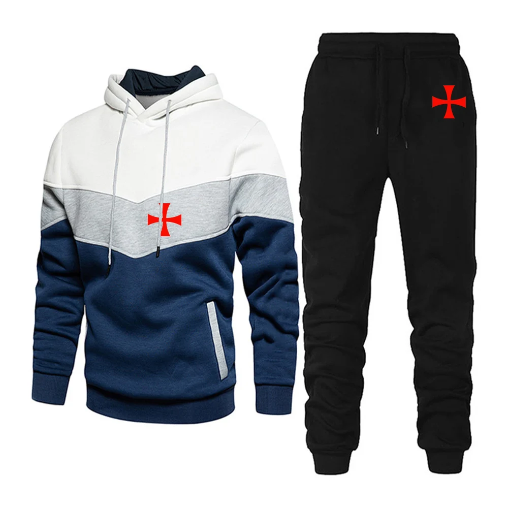 2025 frühling Herbst Ritter Templer Drucken Mann Patchwork Baumwolle Mit Kapuze Trainingsanzug Lose Hoodies + Einfarbig Jogging Jogginghose Sets