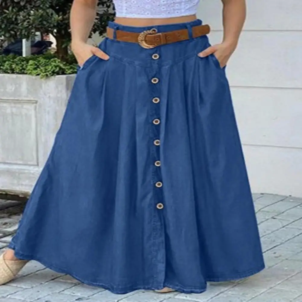 Elegant Women Skirt Solid Color High Waist All Match Button Decor A-line Summer Big Hem Maxi Skirt Casual Female Clothing