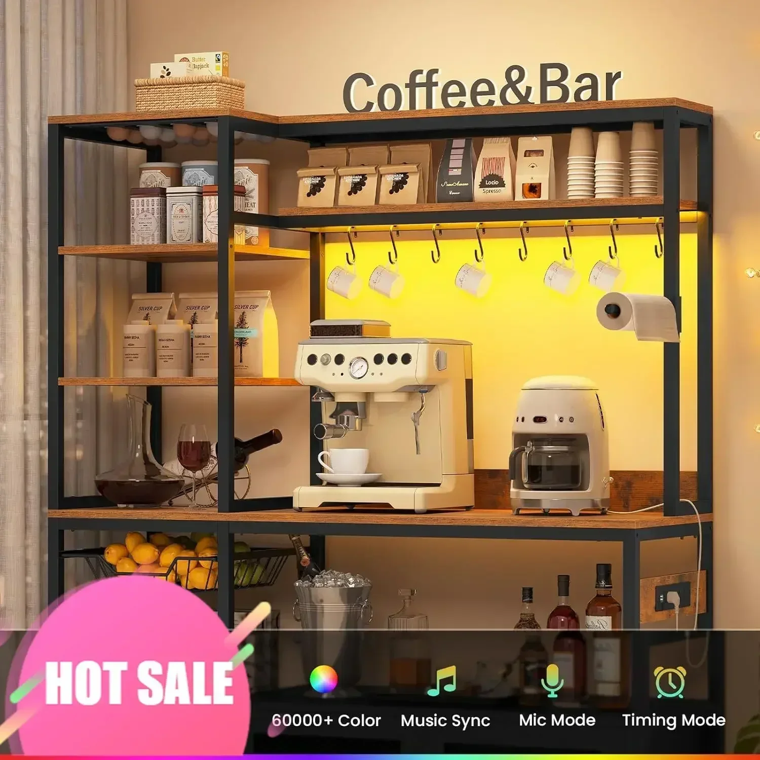 Hot salesHigh-End 47.2 In Bakers Rack With Power Outlet & LED Light, Coffee Bar With Coffee Pod Holder For Vetuo, Kitchen Microw