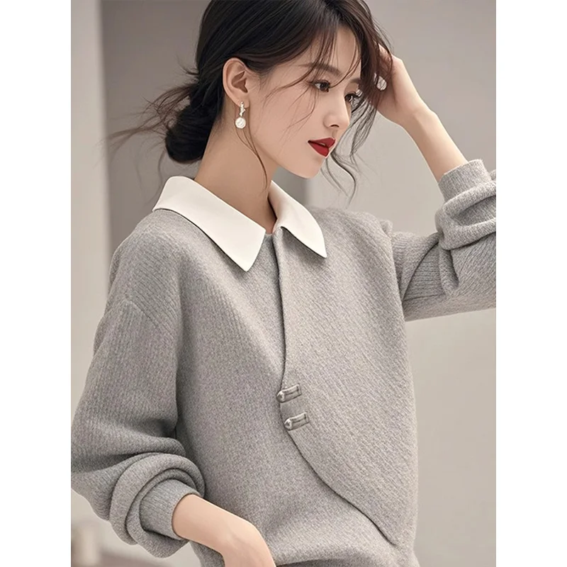 Office Lady Gray Fake Two-piece Sweater Wome Spring Korean Fashion Loose Casual Top Chic Button Commute Business Casual Knitwear