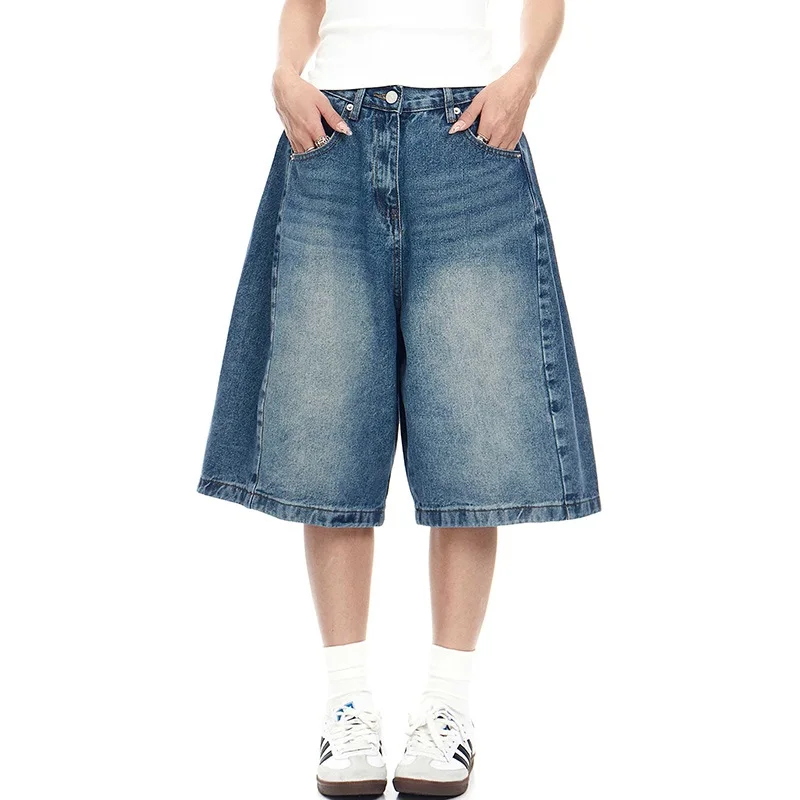 

Синие джинсовые шорты с широкими штанинами унисекс в американском ретро-стиле, летние, универсальные, простые, повседневные, свободные, выше колена
