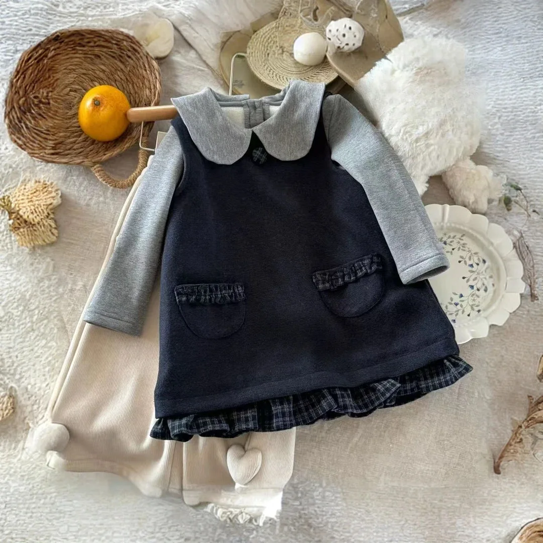 Korean Winter Kid Girls 2PCS Clothes Set Peter Pan Collar Children Girls Undershirt Suit Plaid Hem Toddler Girl Sleeveless Dress