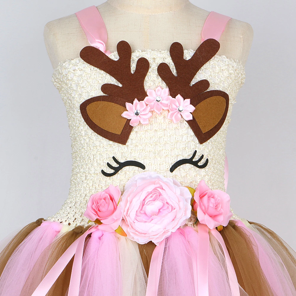 Pink Flowers Deer Costumes for Baby Girls Christmas Tutu Dress Kids Animal Reindeer Outfits Children Xmas Gift New Years Clothes