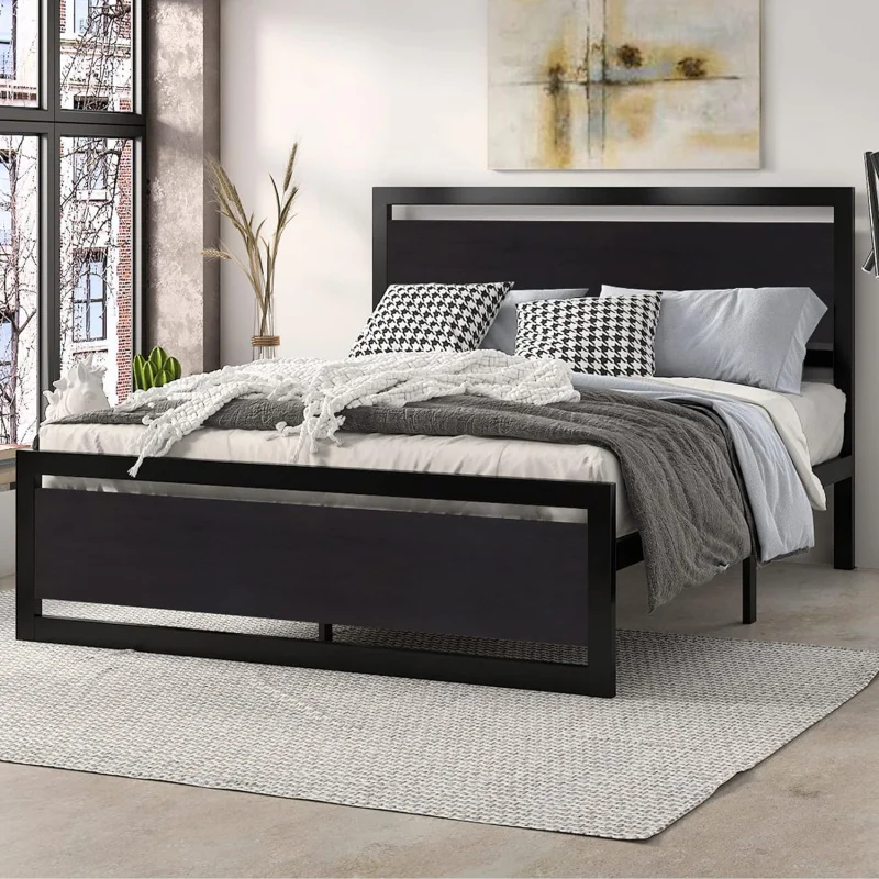 SHA CERLIN Queen Size Modern Wooden Headboard/Heavy Duty Platform Metal Bed with Square Frame Footboard &am