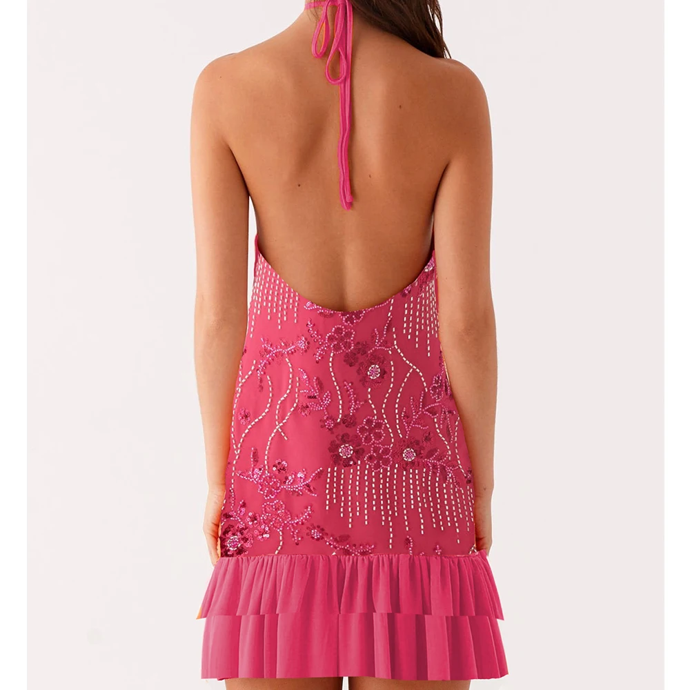 Damska Sukienka Boho Y2K Coquette z Cekinami, Koralikami, Kwiatowym Wzorem, Mini, Seksowna, Bez Rękawów, Bez Pleców, Wiązana na Szyi, z Falbankami, Sukienki Plażowe 2025