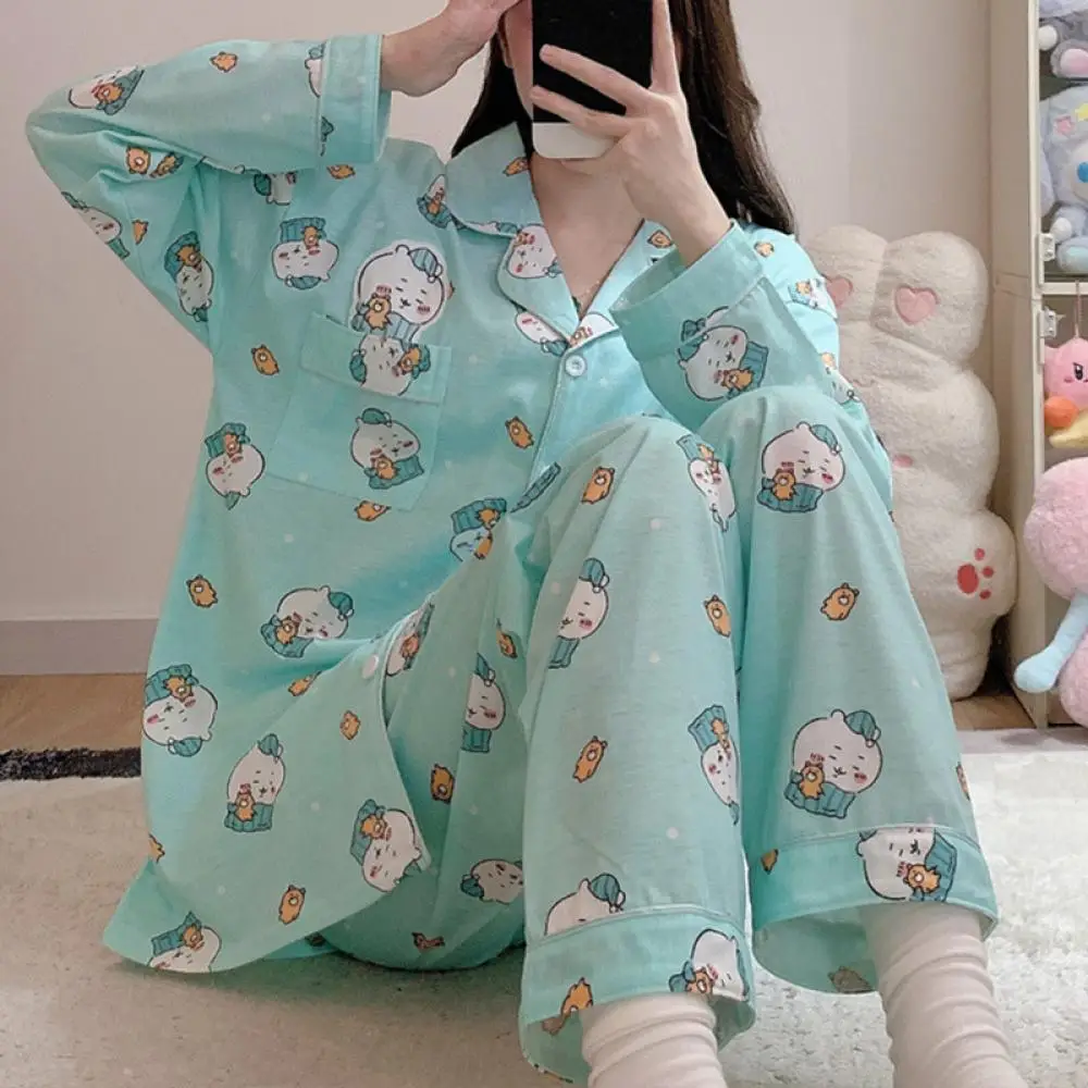 

Kawaii Women Pajamas Suit Chiikawa Cartoon Usagi Cotton Autumn Casual Girls Homewear Anime Cute Long-Sleeved Pants Nightclothes