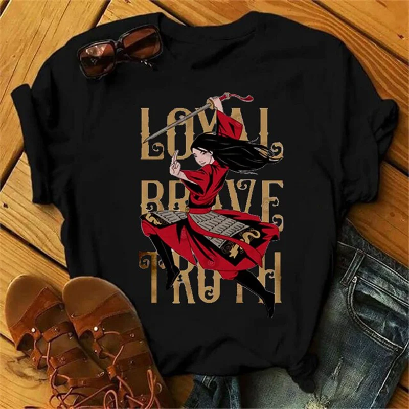 Cute Disney Mulan Princess Graphic Printed Women Black T-shirt Female Fashion Short Sleeve Tshirts Girls Cartoon Casual Tops Tee