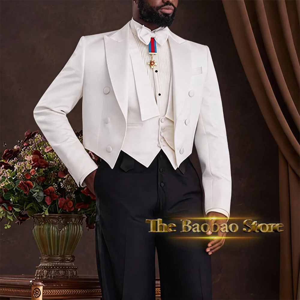 Elegant Men's Suit 3pcs White Short Tuxedo Jacket Vest Pants Custom Slim Fit Set for Wedding Party Dance Concert Performance