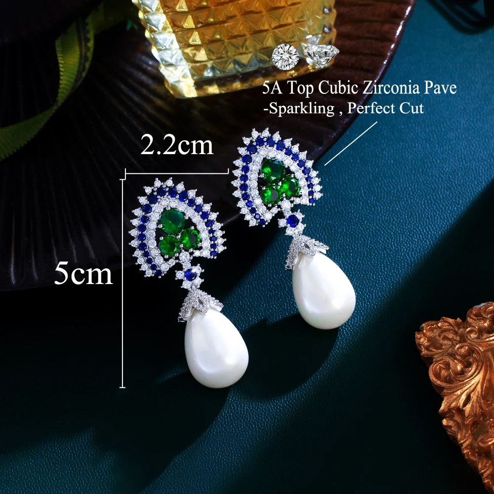 CWWZircons Elegant Blue and Green Cubic Zirconia Long Dangling Water Drop Pearl Earrings for Women Party Wedding Jewelry CZ834