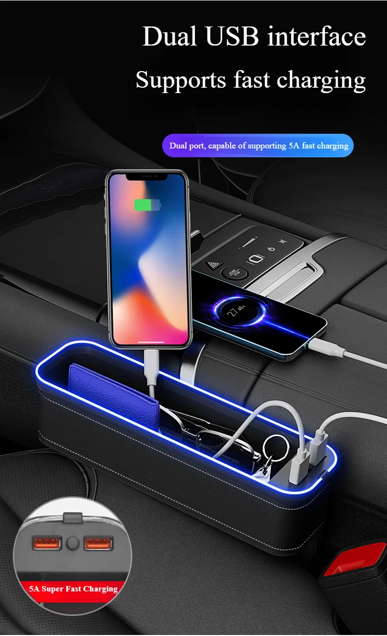 Car Seat Gap Filler with Ambient Light and Dual USB Charging Ports - Automotive Storage Box Car seat gap storage