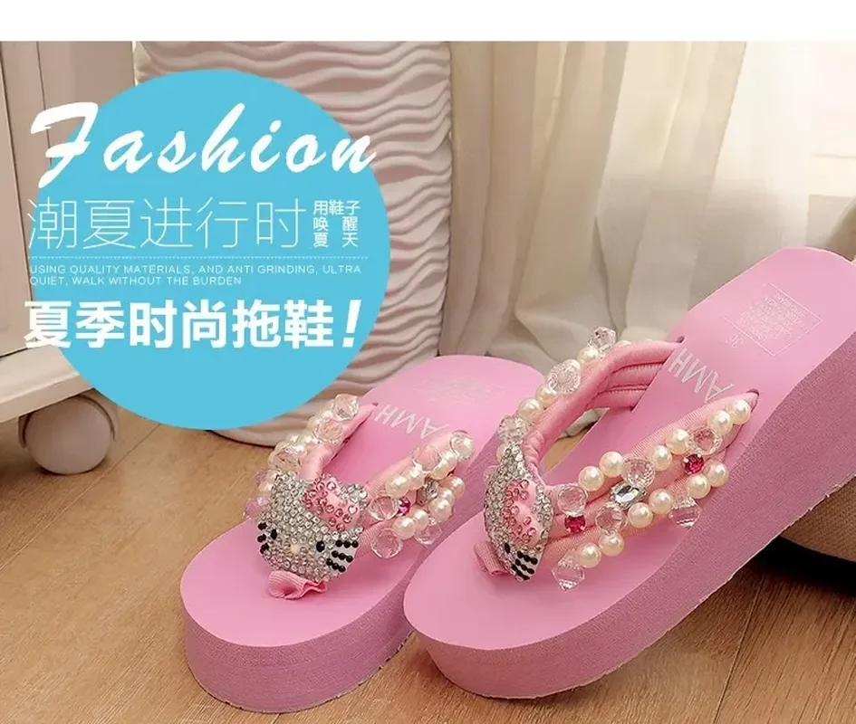 anime Hello Kitty Cartoon Summer Shoes FHarajuku High Heels Pink Slippers Flip Soft Flops Women Platform ashion Ladies Leisure images - 6