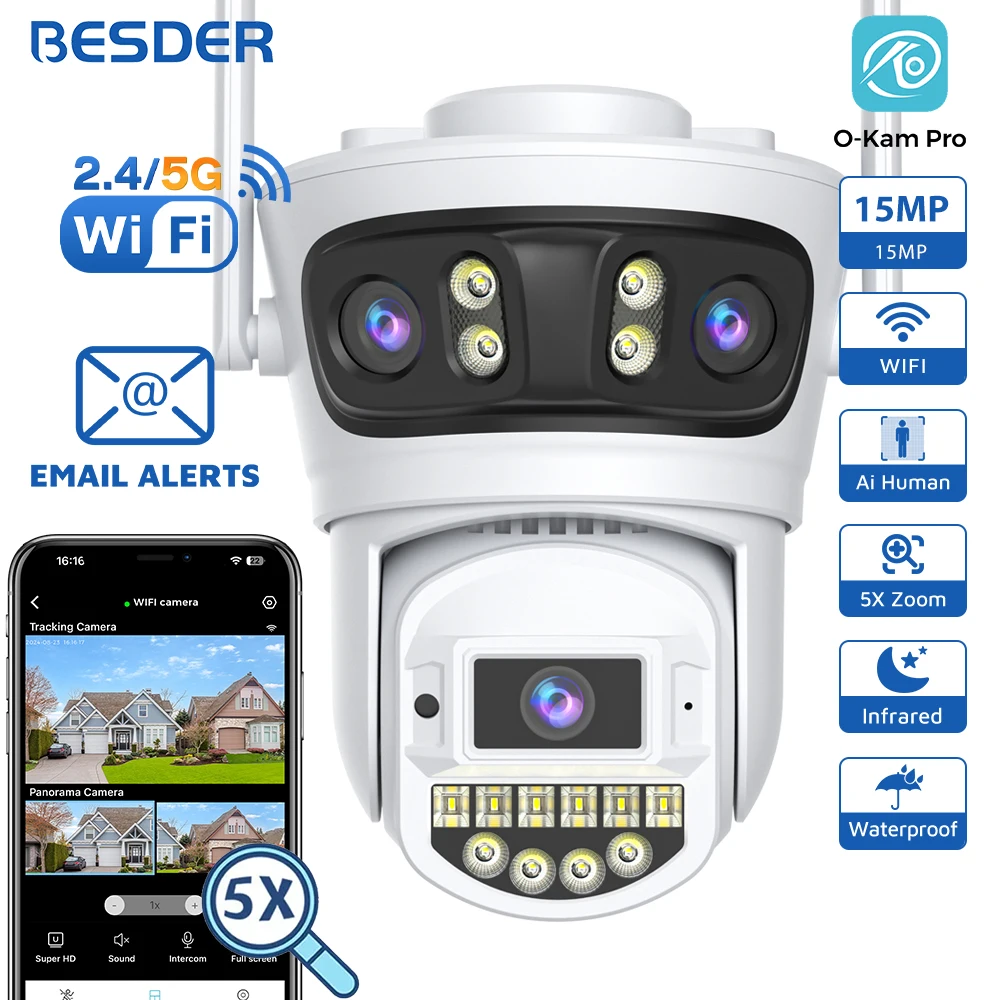 BESDER 15MP Wifi IP Camera PTZ 10MP Three Screen 180° Wide Angle Outdoor Auto Tracking 8MP CCTV Security Protection O-Kam Pro