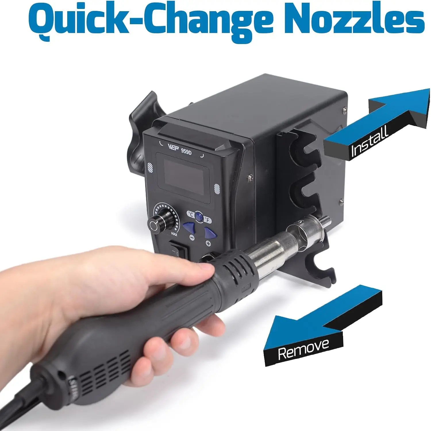 959D 열풍 SMD 납땜 리워크 스테이션 (퀵 체인지 노즐 포함, 5개 노즐, 온도 조절 기능) ° C/ ° F, 버저