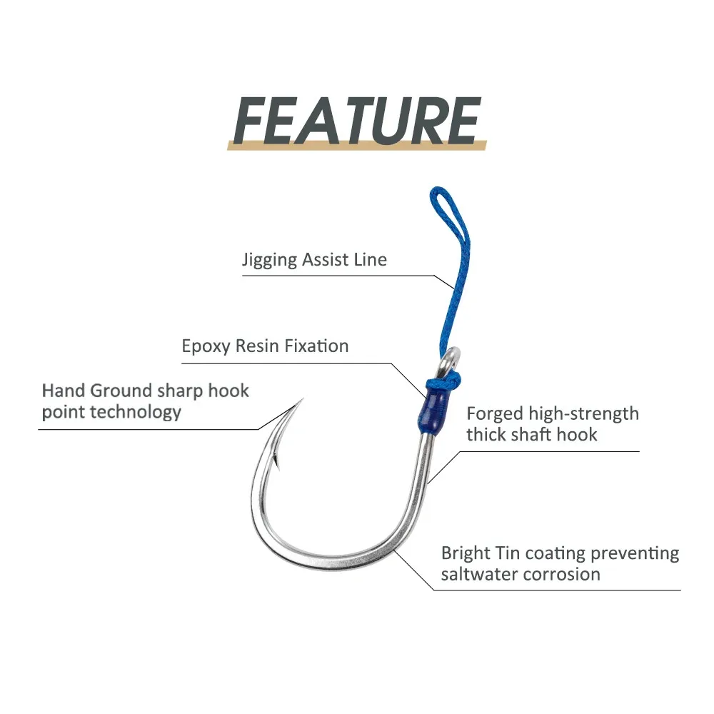 Noeby 4/0 5/0 6/0 7/0 Max Strength 149kg 3Pcs Fishing Hook Jigging Assist Rig Hooks Bright Tin Thick Shaft Hook Metal Ocean Hook