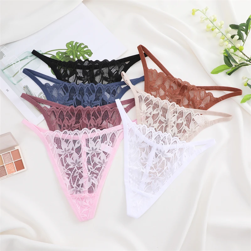 3PCS/Set Women Sexy Lace Hollow Thongs Solid Low Waist Perspective G-String Panties Female Soft Underwear Breathable Lingerie