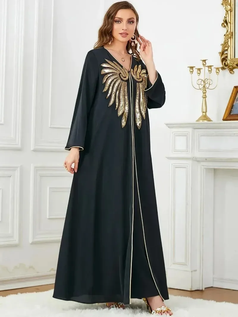 Korálkový abaya 2se kusu pro ženy vyšívané večírek islámské dlouhé šaty ramadánu muslimové dubaj soumrak šaty marocké kaftan černá