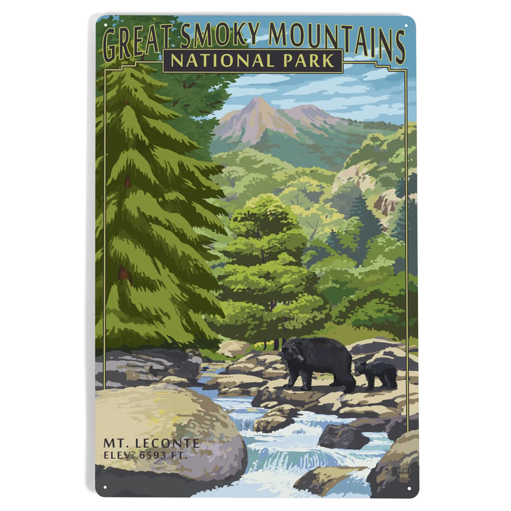 Lantern Press   Metal Sign, Great Smoky Mountains National Park, Tennessee, Leconte Creek and Mt. Leconte Press