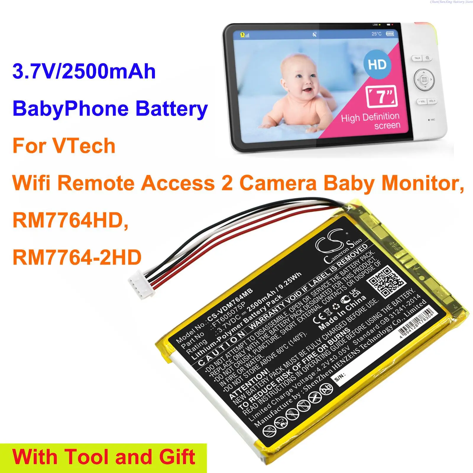 Cameron Sino 2500mAh BabyPhone Battery FT605075P for VTech Wifi Remote Access 2 Camera Baby Monitor, RM7764HD, RM7764-2HD