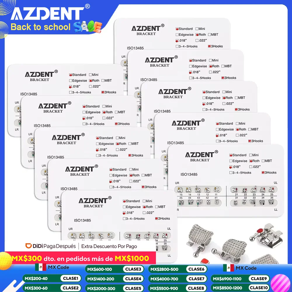AZDENT 50 Confezioni Dentale Ortodontico Staffa Metallica Bretelle Dentale Mini MBT/Edgewise/Roth Staffa 022 /018 Slot con Ganci 345/3
