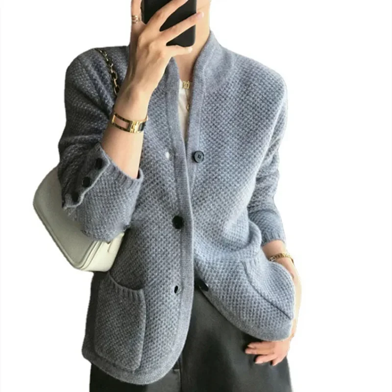 Autumn Winter New Thickened 100% Cashmere Wool Cardigan Women Stand Neck Sweater Sweater Loose Knit Base Wool Sweater Jacket